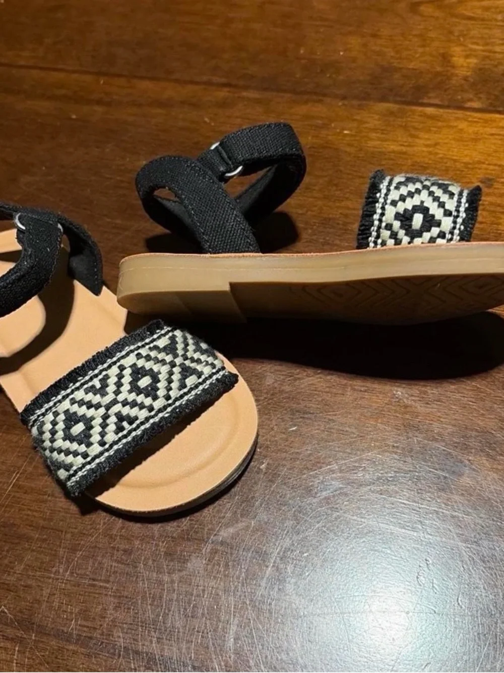 Toms Kids Black Strappy Sandals with Woven Cream Accent